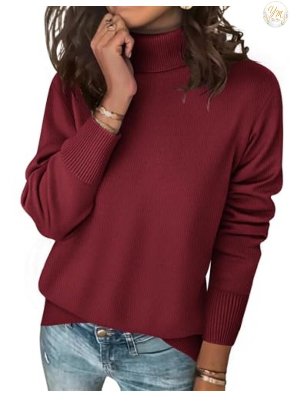 Turtleneck Sweater Long Sleeve Knit Pullover Top High Low Hem